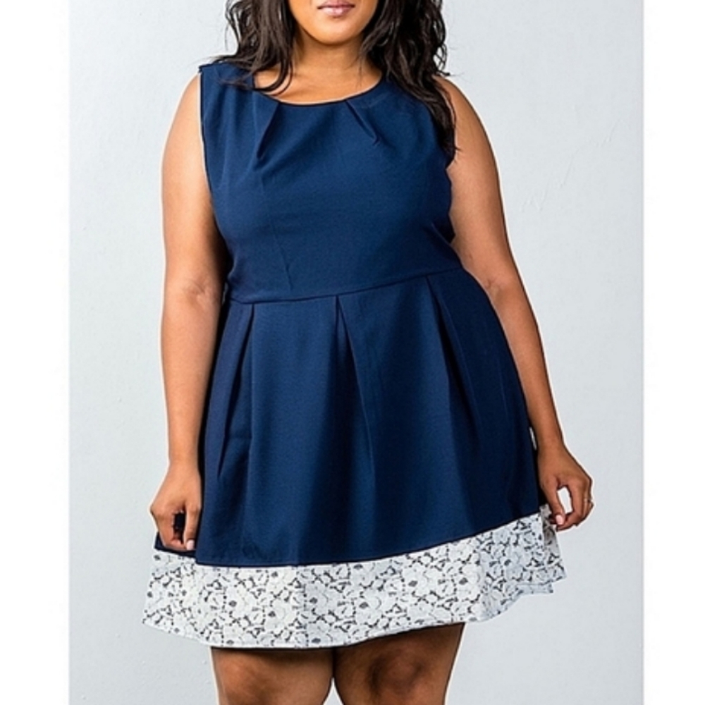🆕️ KRISTIN MILES Navy Fit & Flare Pleated Sleeveless Dress SIZE: 3XL